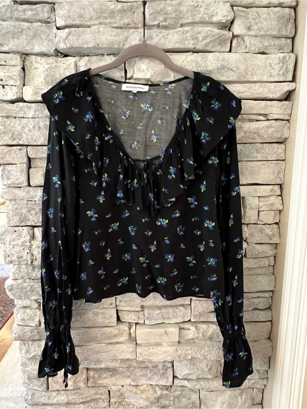 WeWoreWhat Black Floral Ruffle Blouse with Blue and Green Florals